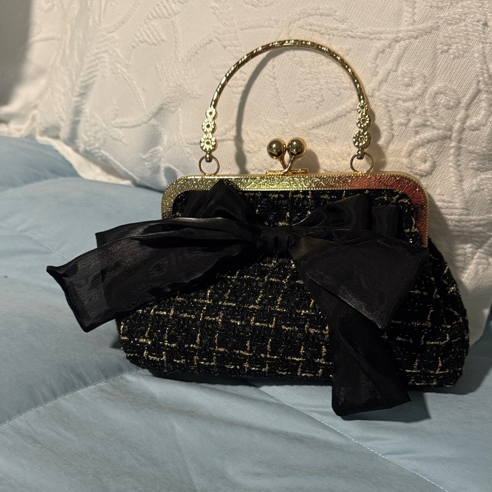 Elegant Black Tweed Clutch with Gold Accents
